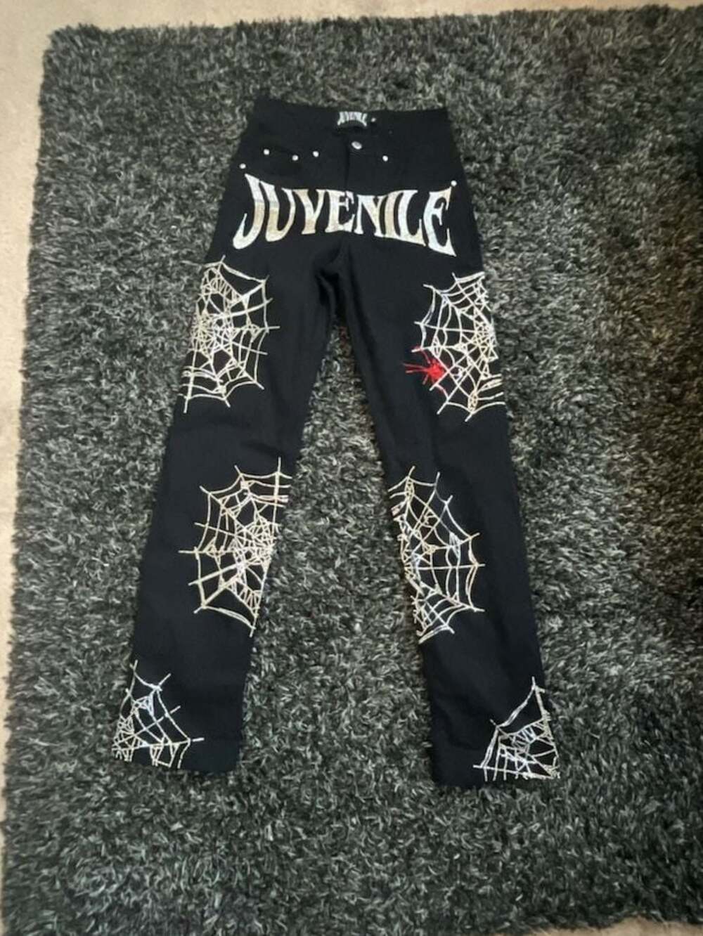 Juvenile Black Rhinestone Spider Web Graphic Denim Jeans